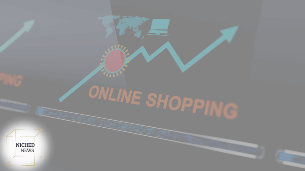 Upward trend graph with online shopping icon symbolizing e-commerce growth and global reach