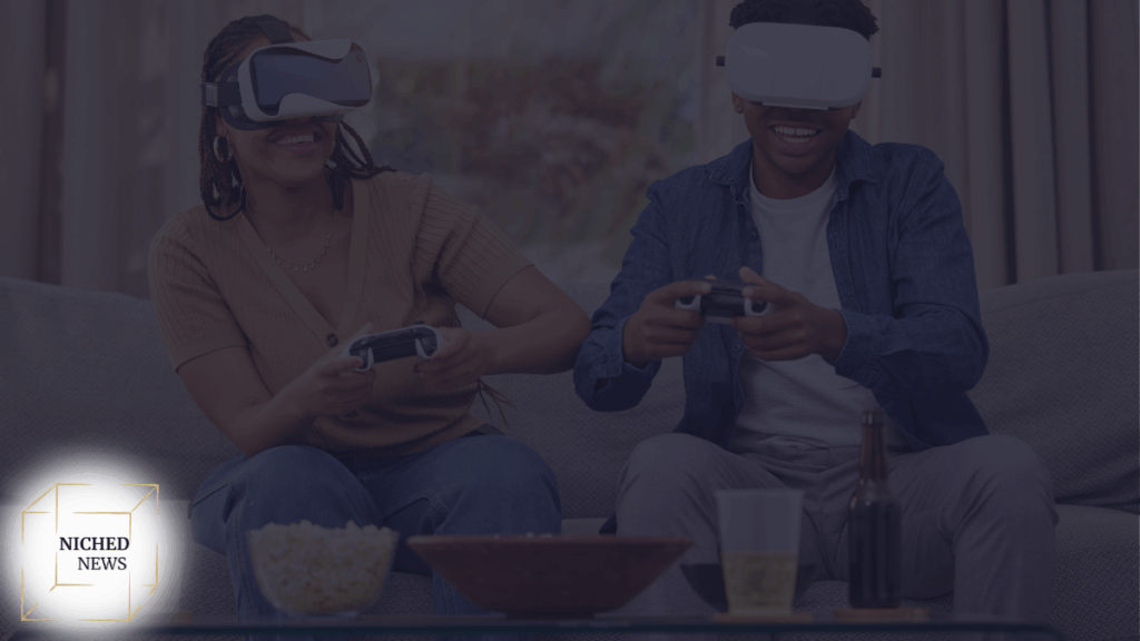 Friends playing virtual reality video games with VR headsets on couch