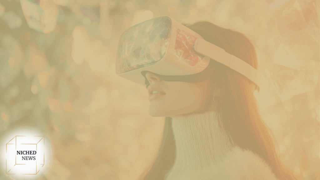 Woman exploring virtual world with VR headset in futuristic environment