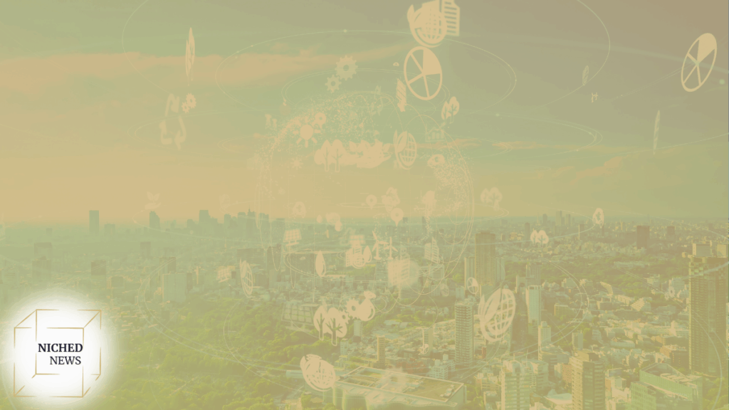 Eco-tech symbols overlay on city skyline representing sustainable development