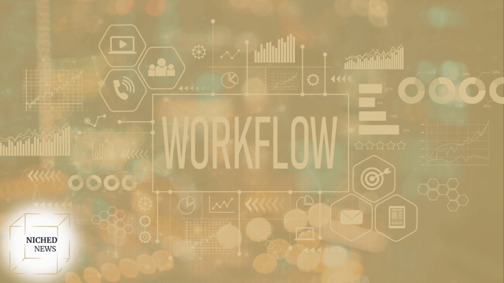 Workflow automation concept with performance charts, icons, and data analytics